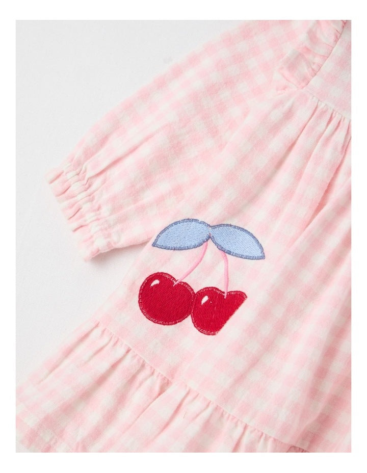 Cherry Gingham Yarndye Dress in Pale Pink