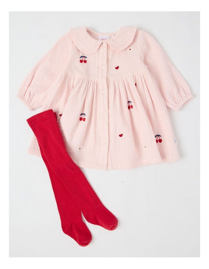 Cherry Daisy & Heart Collared Dress With Tights in Blush