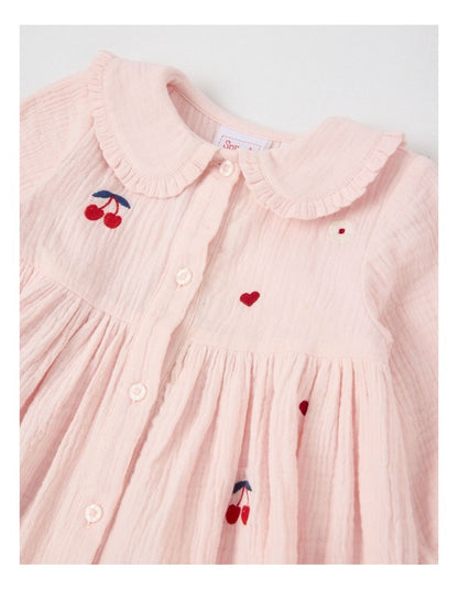 Cherry Daisy & Heart Collared Dress With Tights in Blush