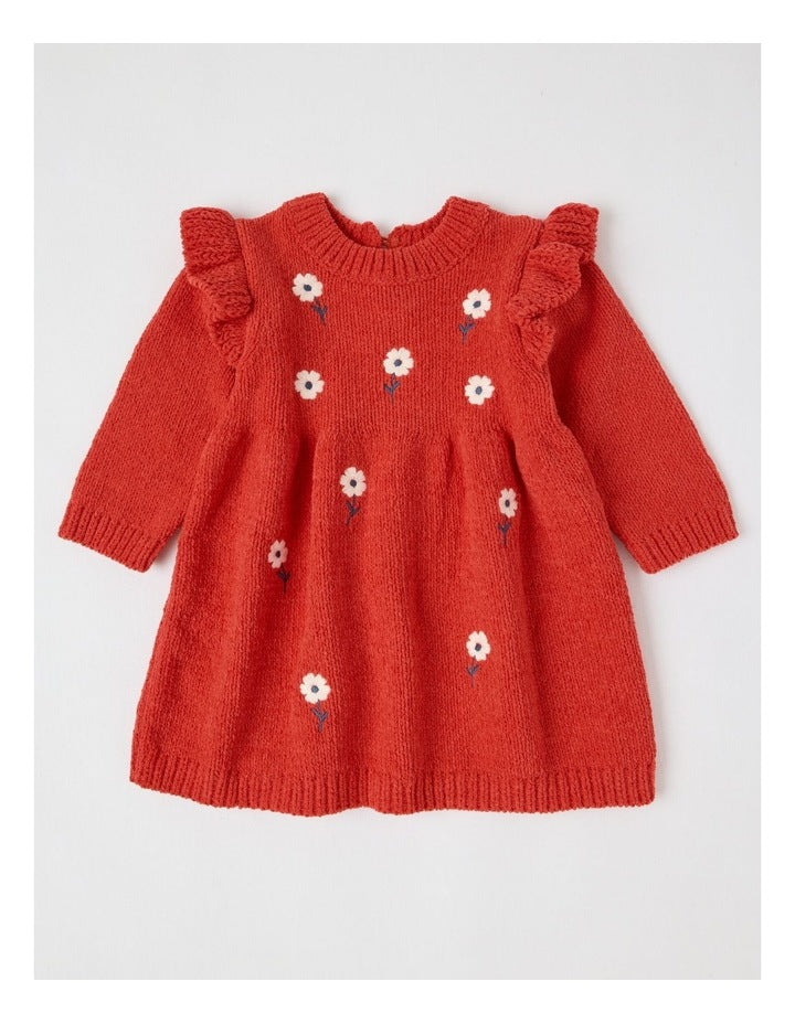 Chenille Daisy Embroidery Dress in Crimson