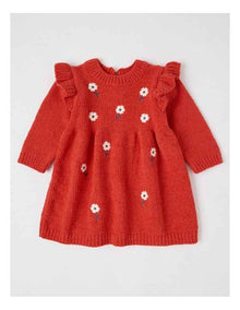 Chenille Daisy Embroidery Dress in Crimson