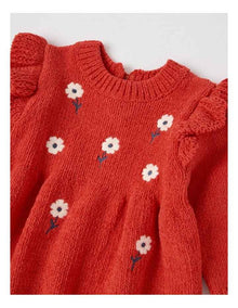 Chenille Daisy Embroidery Dress in Crimson