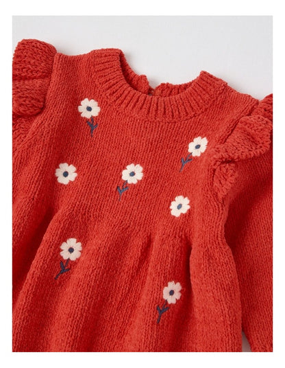 Chenille Daisy Embroidery Dress in Crimson