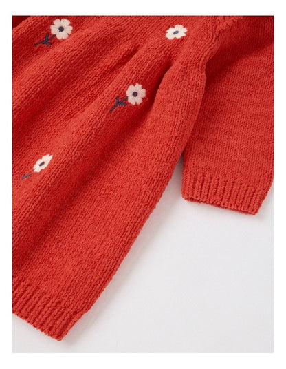Chenille Daisy Embroidery Dress in Crimson