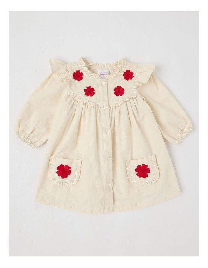 Babycord Flower Frill Dress Bone