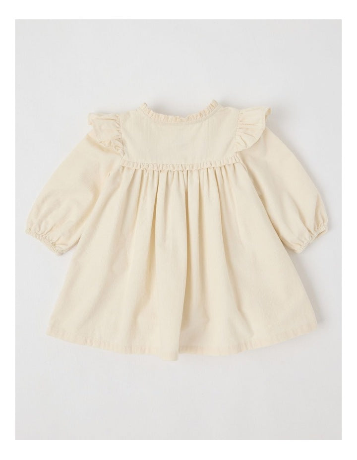 Babycord Flower Frill Dress Bone