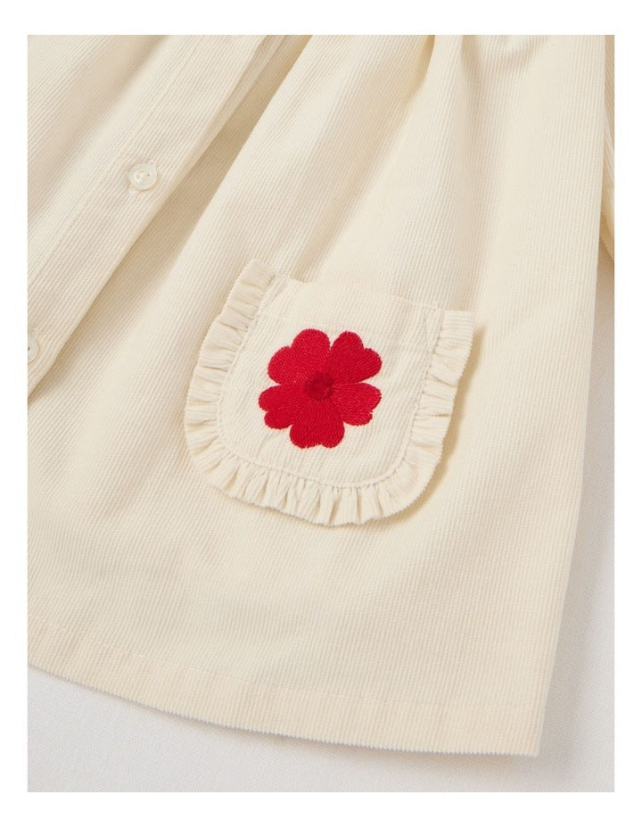 Babycord Flower Frill Dress Bone
