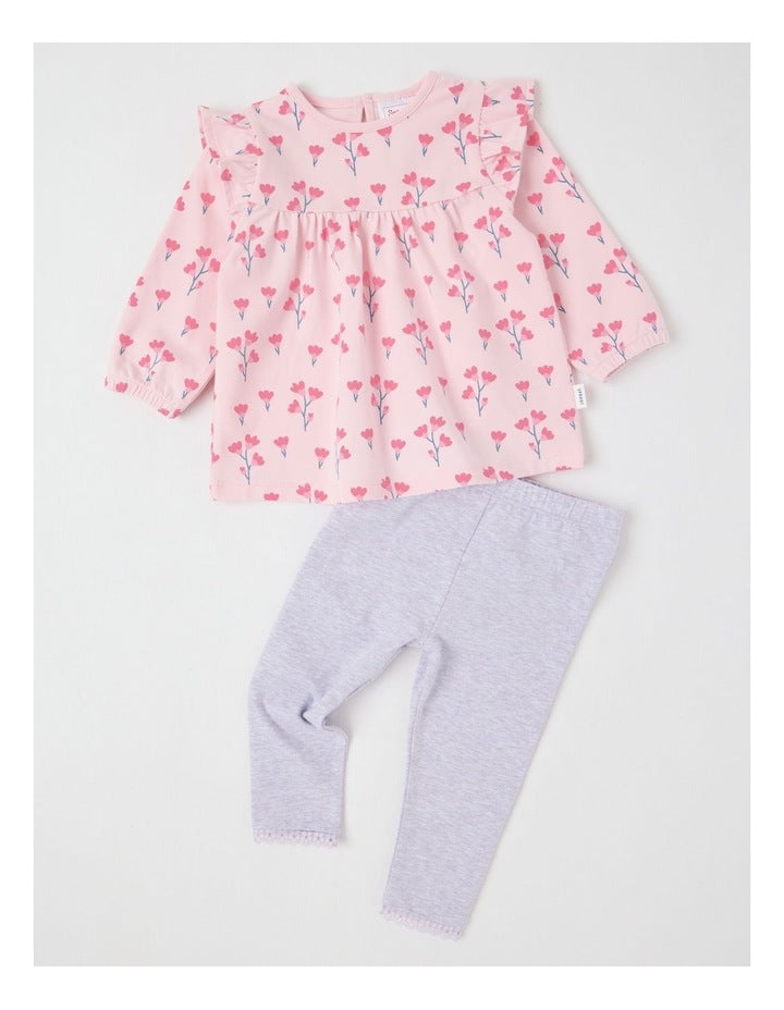 Frill Trim Ditsy Floral Top & Legging Set in Blush