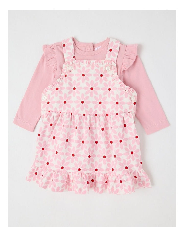 Long Sleeve Top With Disty Floral Cord Pinafore in Tulip