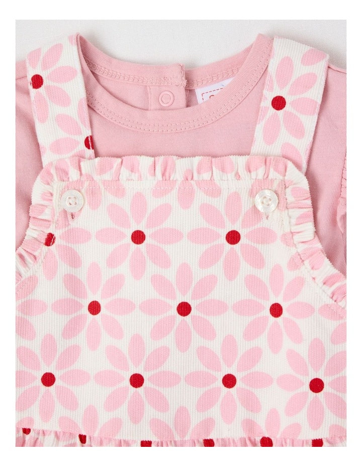 Long Sleeve Top With Disty Floral Cord Pinafore in Tulip