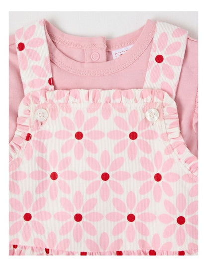 Long Sleeve Top With Disty Floral Cord Pinafore in Tulip