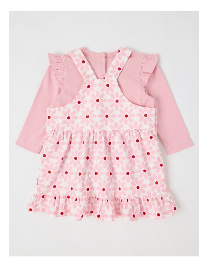 Long Sleeve Top With Disty Floral Cord Pinafore in Tulip