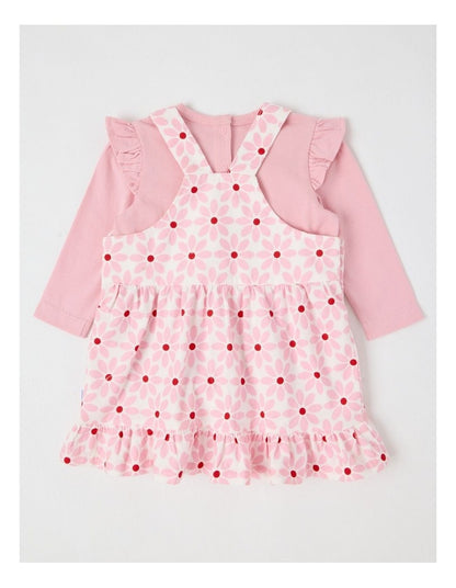 Long Sleeve Top With Disty Floral Cord Pinafore in Tulip