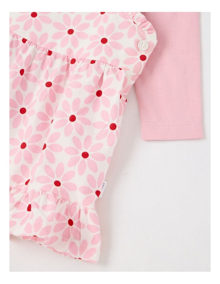 Long Sleeve Top With Disty Floral Cord Pinafore in Tulip