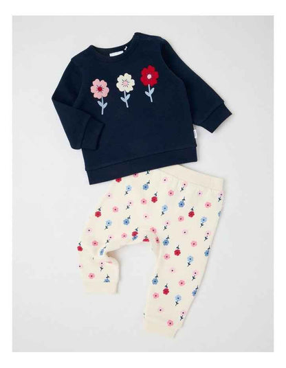 Crew Neck Flower Trio Tracksuit Set in Navy