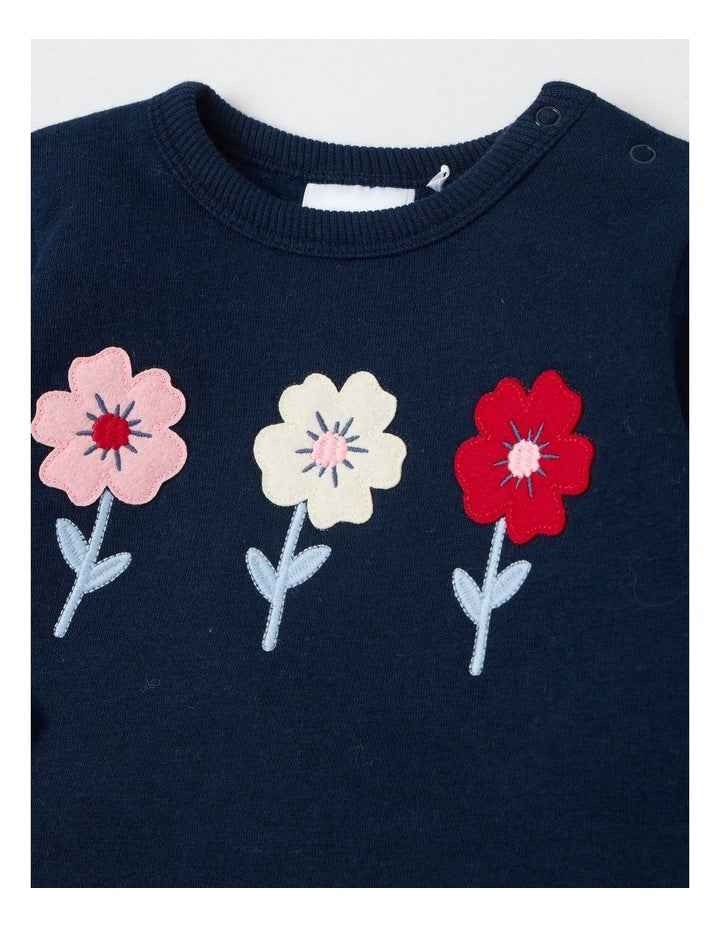 Crew Neck Flower Trio Tracksuit Set in Navy