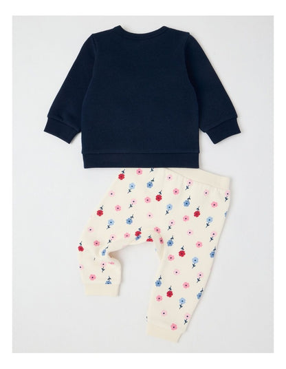 Crew Neck Flower Trio Tracksuit Set in Navy
