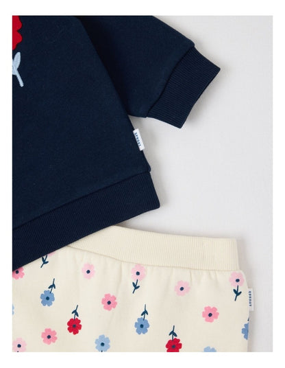 Crew Neck Flower Trio Tracksuit Set in Navy