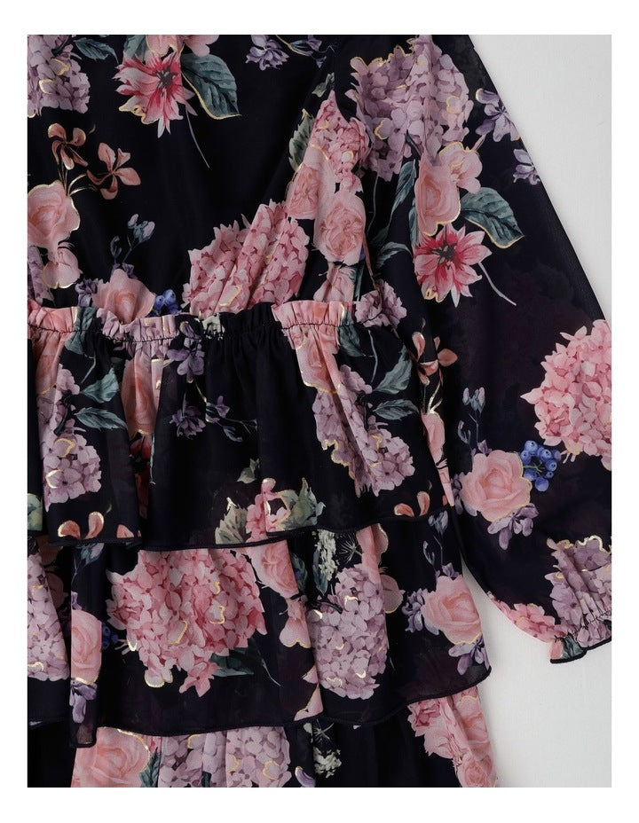 Grace Chiffon Dress with Tiered Skirt in Navy