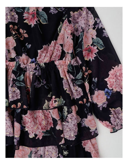 Grace Chiffon Dress with Tiered Skirt in Navy