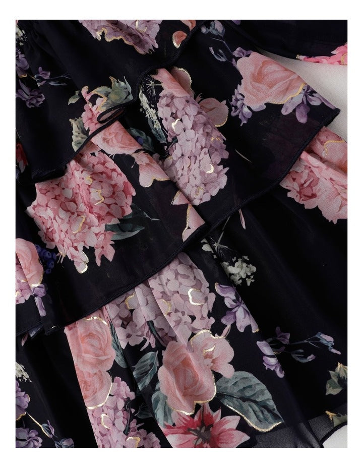 Grace Chiffon Dress with Tiered Skirt in Navy