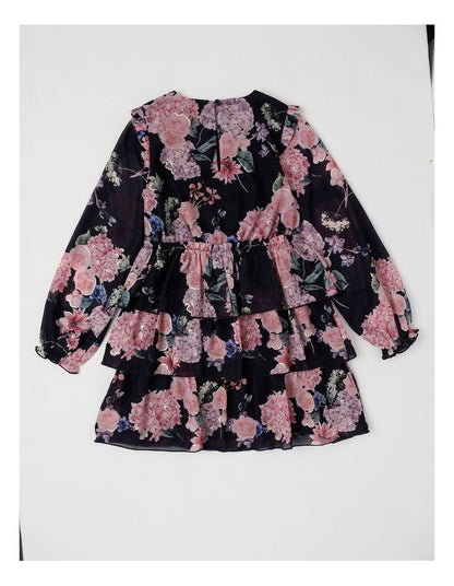Grace Chiffon Dress with Tiered Skirt in Navy