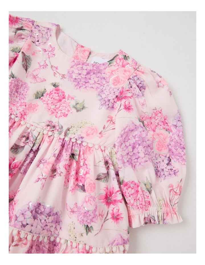 Maisie Tiered Dress with Bobble Trim in Pink