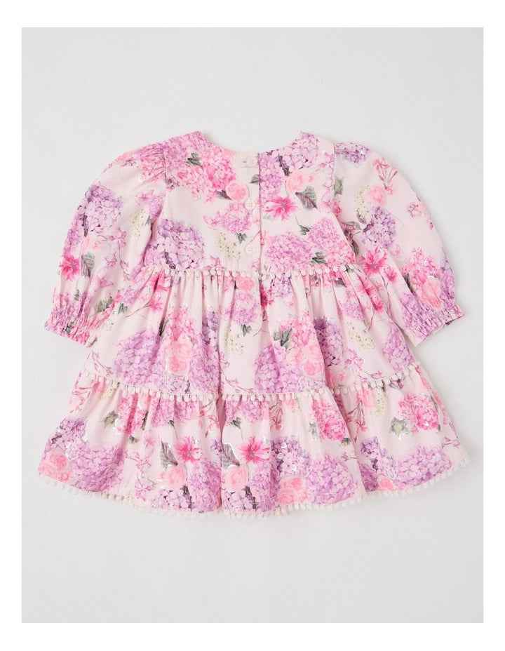 Maisie Tiered Dress with Bobble Trim in Pink
