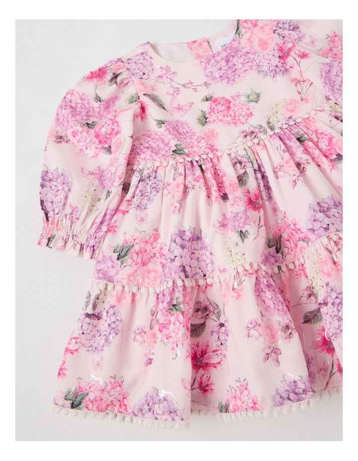 Maisie Tiered Dress with Bobble Trim in Pink