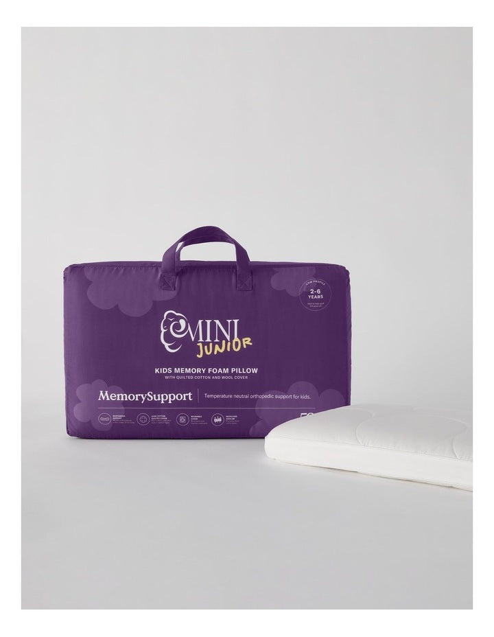 MiniJunior Kids MemorySupport Memory Foam Pillow with Quilted Wool Cotton Cover