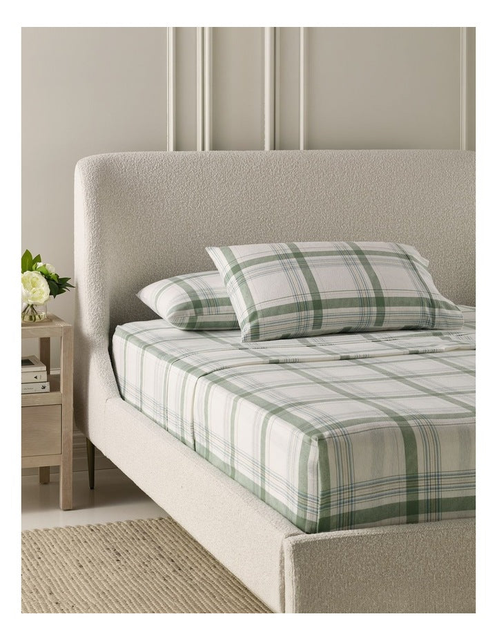 Printed Cotton Flannelette Sheet Set in Blue/Green Check