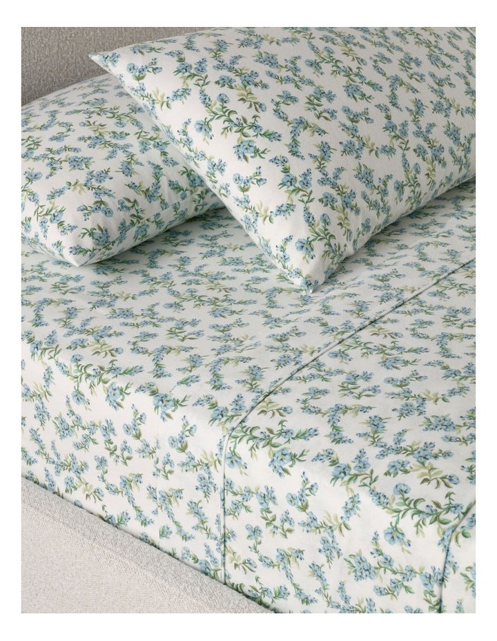 Printed Cotton Flannelette Sheet Set in Blue Floral
