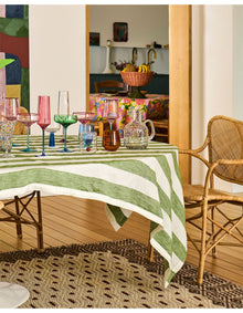 Moss Stripe 145cm x 270cm French Flax Linen Tablecloth Green Stripe