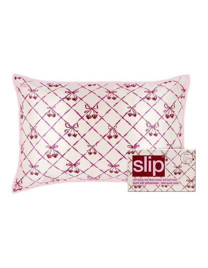 Pure Silk Queen Pillowcase with Lace Trim in Sweet Cherry