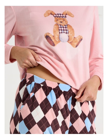 Cosy Fleece Pyjama Set in Bunny Argyle Print