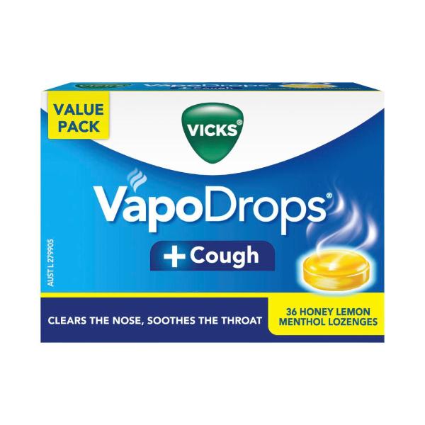 VICKS VAPODROPS + COUGH HONEY LEMON MENTHOL LOZENGES 36PK