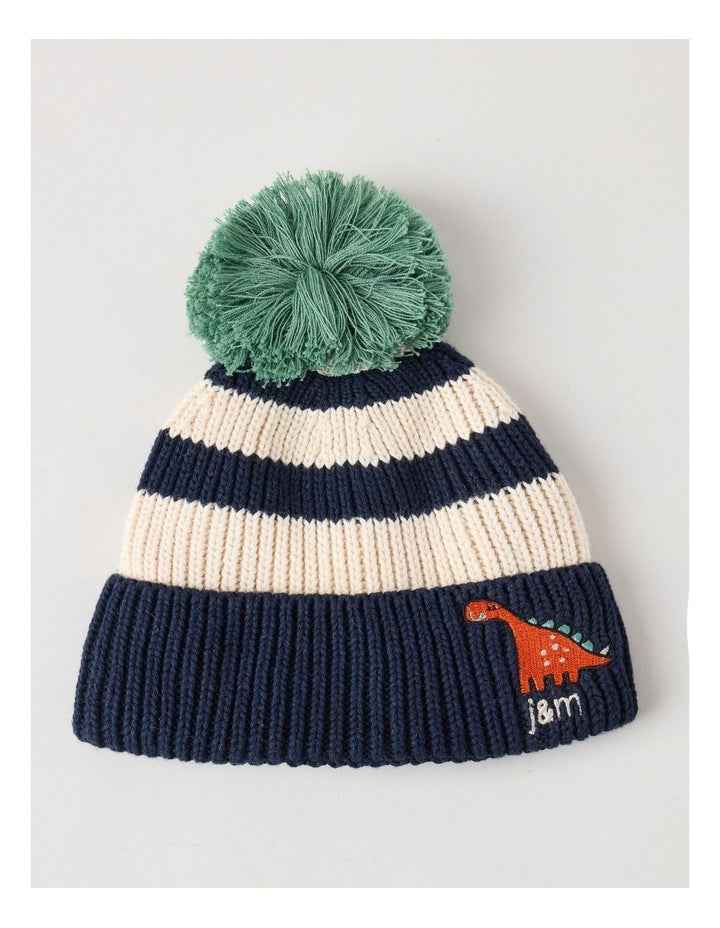 Striped Beanie with Dino Embroidery in Navy