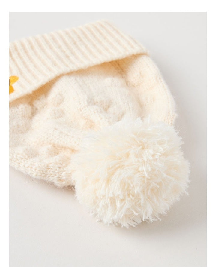 Pointelle Beanie with Embroidery in Oat Marle