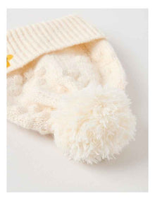 Pointelle Beanie with Embroidery in Oat Marle