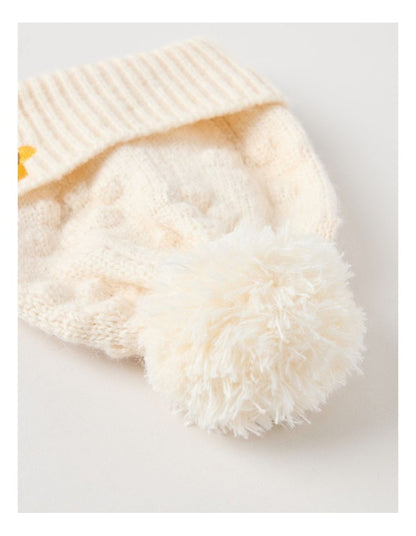 Pointelle Beanie with Embroidery in Oat Marle