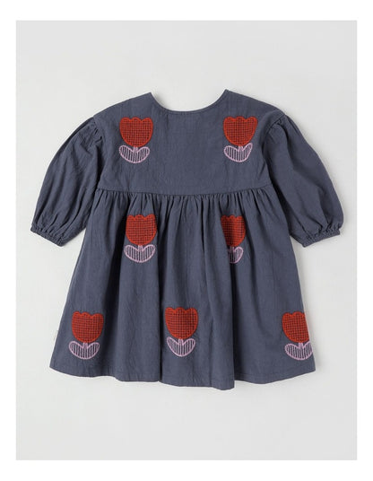 Gloria Baby Cord Dress with Embroidery in Navy
