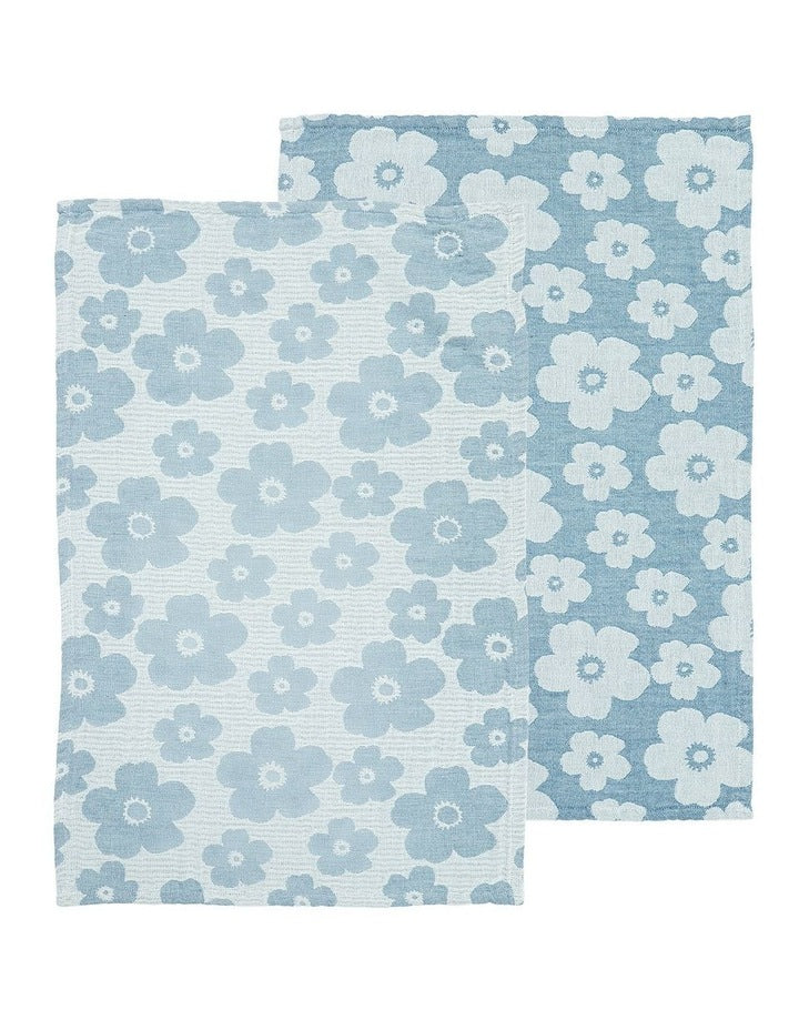 Jacquard Flower Kitchen Towel 2 Pack in Blue