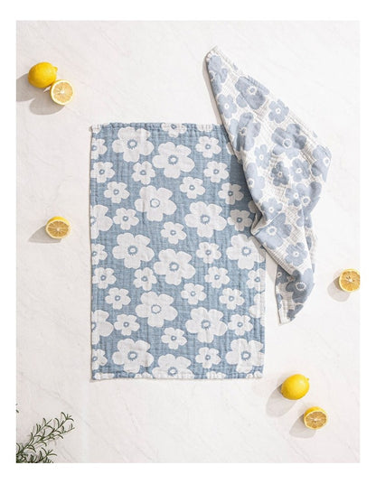 Jacquard Flower Kitchen Towel 2 Pack in Blue
