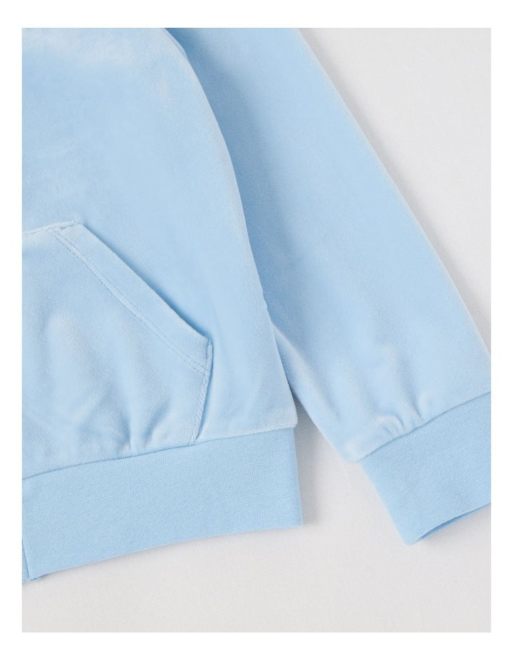 Velour Zip Thru Hoodie in Light Blue