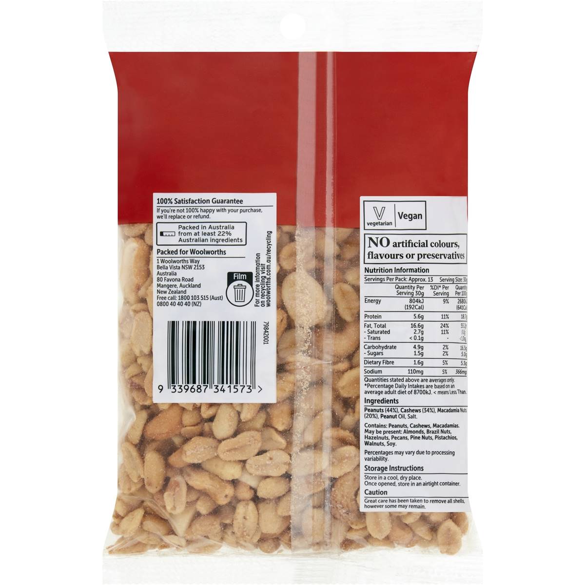 Woolworths Roasted & Salted Peanuts Cashews & Macadamia Nut Mix 400g