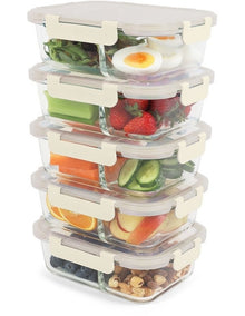 5 Piece Bento Divided Glass Containers 980ml