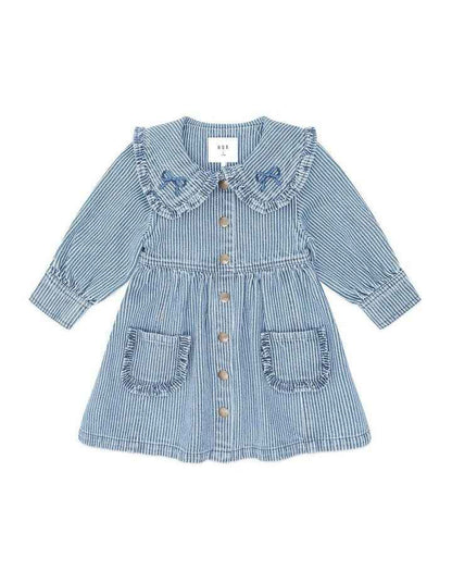 Vintage Bow Collar Denim Dress in Blue