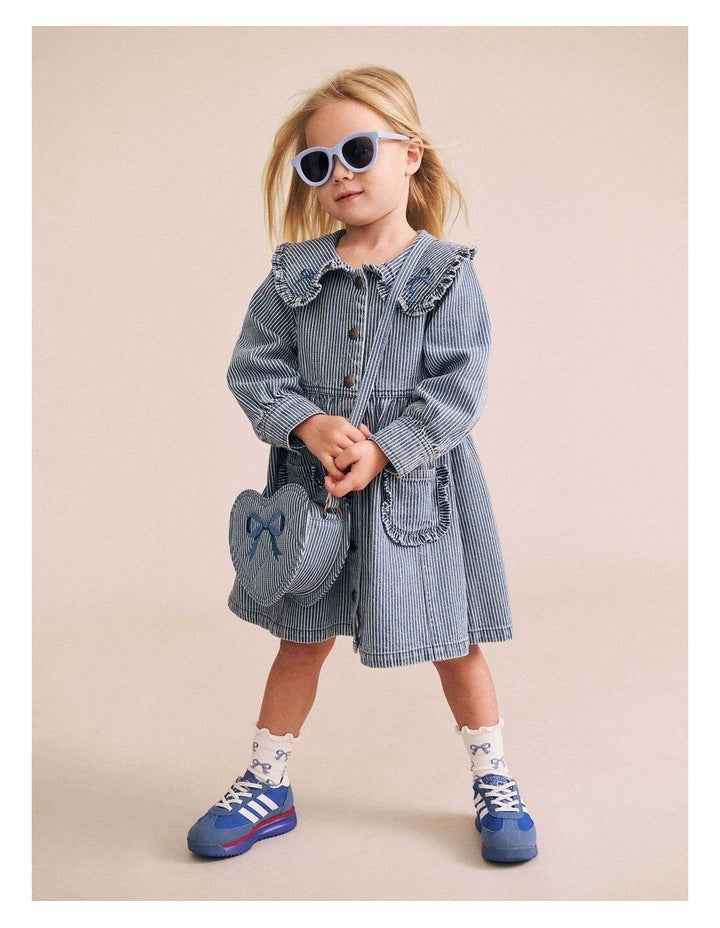 Vintage Bow Collar Denim Dress in Blue