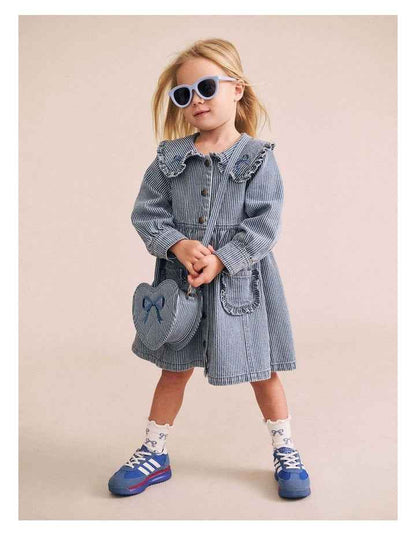 Vintage Bow Collar Denim Dress in Blue