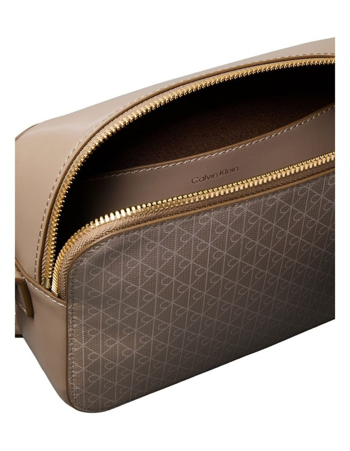 Emblem Allover Print Crossbody Bag in Desert Taupe